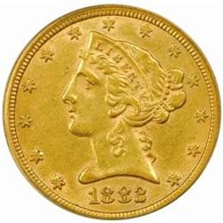 1882-CC Liberty Half Eagle. Winter 1-A, the only known dies. AU-55 (PCGS).