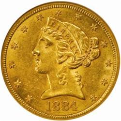 1884-CC Liberty Half Eagle. Winter 1-A, the only known dies. AU-58 (NGC).