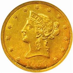 1854-O Liberty Eagle. Small Date. AU-58 (NGC).