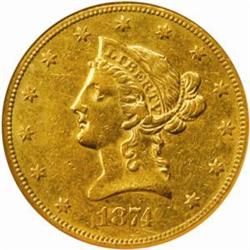 1874-CC Liberty Eagle. Winter 1-A, the only known dies. AU-53 (NGC).