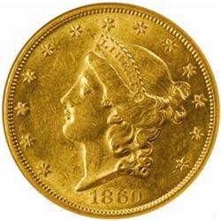 1860 Liberty Double Eagle. AU-55 (NGC).