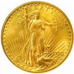 1908 Saint-Gaudens Double Eagle. No Motto. MS-65 (NGC).