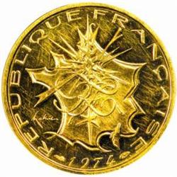 France. Fifth Republic (1959-). Gold Essai 10 Francs. 1974.