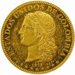 Colombia. Republic (1819-). Gilt Bronze Obverse and Reverse Pattern Essai 10 Pesos. 1873-Medellin.