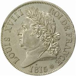 France. Louis XVIII (1815-24). White Metal Pattern 5 Francs by Gatteau. 1815-A.