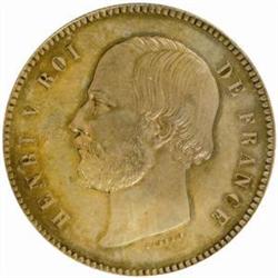 France. Henry V, Pretender to the Throne (1820-83). Silver Pattern Essai 5 Francs. 1871.