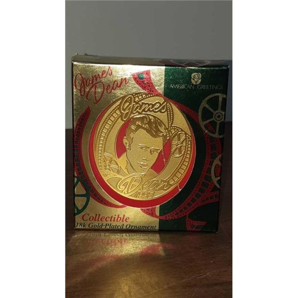 18 karat gold plated James Dean ornament American greeting cards the box is 4 inches by 4.25 in
