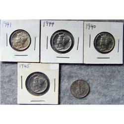 5 Mercury Silver Dimes With Different Dates