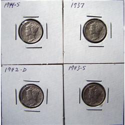 4 Mercury Silver Dimes With Different Dates