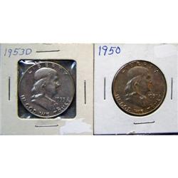 2 Franklin Half Dollars 1950 & 1953D