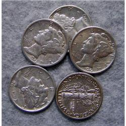 5 Mercury Silver Dimes With Different Dates
