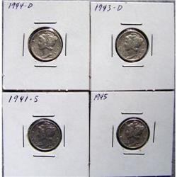 4 Mercury Silver Dimes With Different Dates