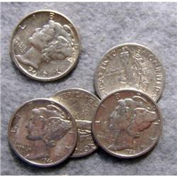 5 Mercury Silver Dimes With Different Dates