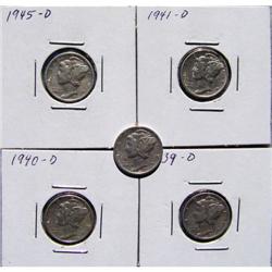 5 Mercury Silver Dimes With Different Dates
