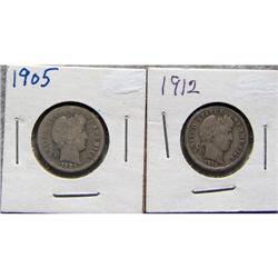 2 Barber Silver Dimes 1905 & 1912