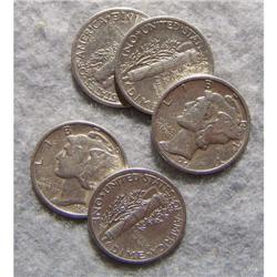 5 Mercury Silver Dimes With Different Dates