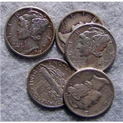 5 Mercury Silver Dimes With Different Dates