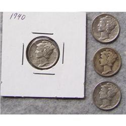 4 Mercury Silver Dimes With Different Dates