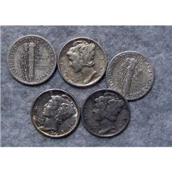 5 Mercury Silver Dimes With Different Dates