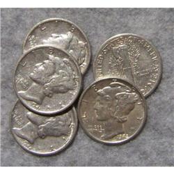 5 Mercury Silver Dimes With Different Dates