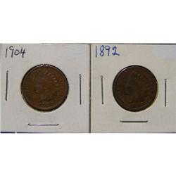 2 Indian Head Cents 1904 & 1892