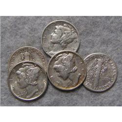5 Mercury Silver Dimes With Different Dates