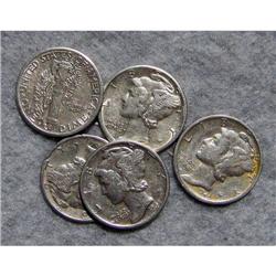 5 Mercury Silver Dimes With Different Dates