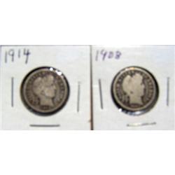 2 Barber Dimes 1914 & 1908
