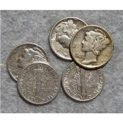 5 Mercury Silver Dimes With Different Dates