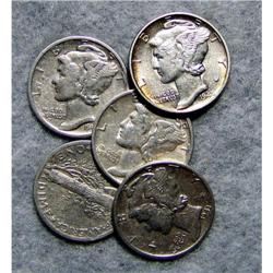 5 Mercury Silver Dimes With Different Dates