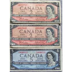 One $5 Canadian Bill and 2 $2 Canadian Bills