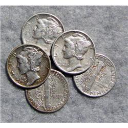 5 Mercury Silver Dimes With Different Dates