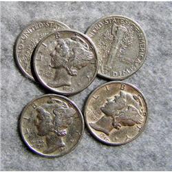 5 Mercury Silver Dimes With Different Dates