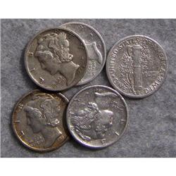 5 Mercury Silver Dimes With Different Dates