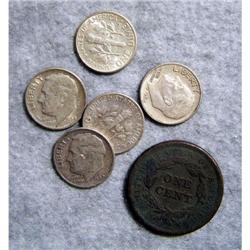 5 Silver Roosevelt Dimes & 1 1842 Large Cent