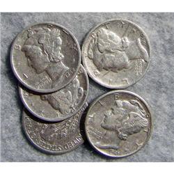 5 Mercury Silver Dimes With Different Dates