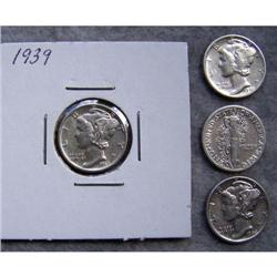 4 Mercury Silver Dimes With Different Dates
