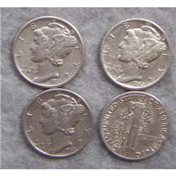 4 Mercury Silver Dimes With Different Dates