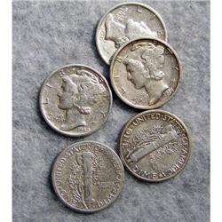 5 Mercury Silver Dimes With Different Dates