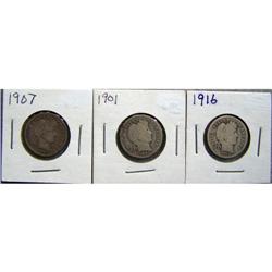 3 Barber Dimes 1901, 1907 & 1916
