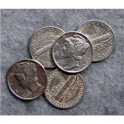 5 Mercury Silver Dimes With Different Dates