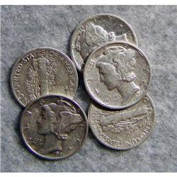 5 Mercury Silver Dimes With Different Dates