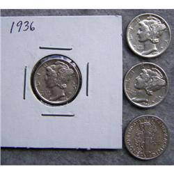 4 Mercury Silver Dimes With Different Dates