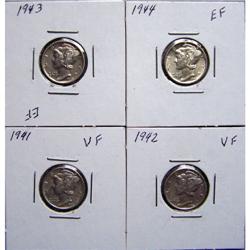 4 Mercury Silver Dimes With Different Dates