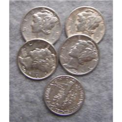 5 Mercury Silver Dimes With Different Dates