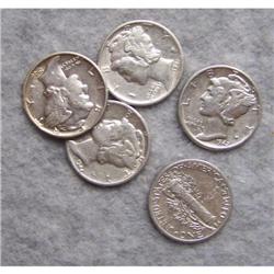 5 Mercury Silver Dimes With Different Dates