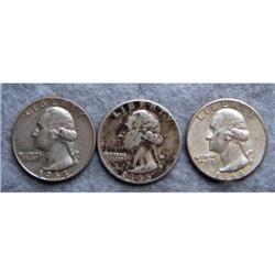 3 Washington Silver Quarters 1955, 1964 & 1964D