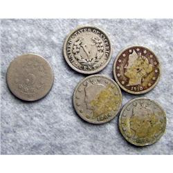 4 Liberty Head Nickels and 1 Shield Nickel - No Date