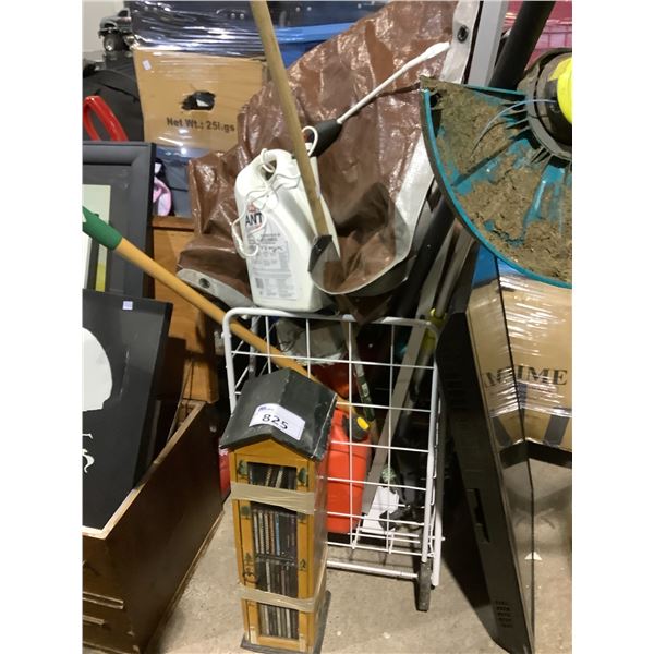 ROLLING CART WITH ASSORTED TOOLS, ANT SPRAYER, TARP, TV, CD HOLDER WITH CDS, & MORE