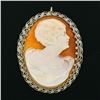 Image 2 : Fancy Vintage 14K Gold Carved Shell Cameo Etched Floral Filigree Brooch Pendant